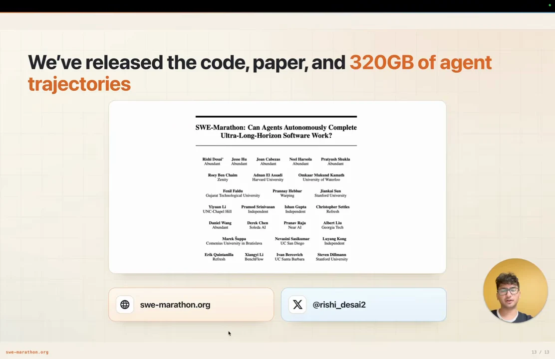 Release slide with the SWE-Marathon paper title and author list, the address swe-marathon.org, and the handle @rishi_desai2 beneath a headline announcing 320GB of agent trajectories.