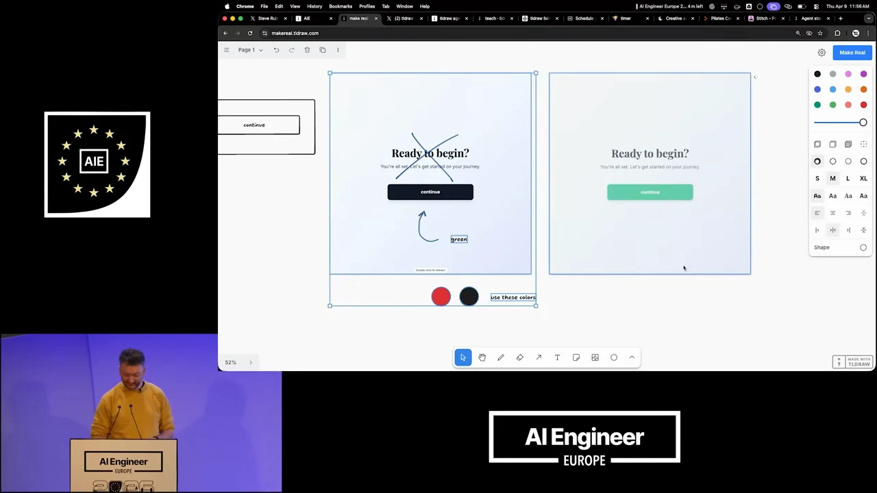 Two Ready to begin? panels appear side by side: the left has a dark button, drawn marks and color swatches; the right has a green button.