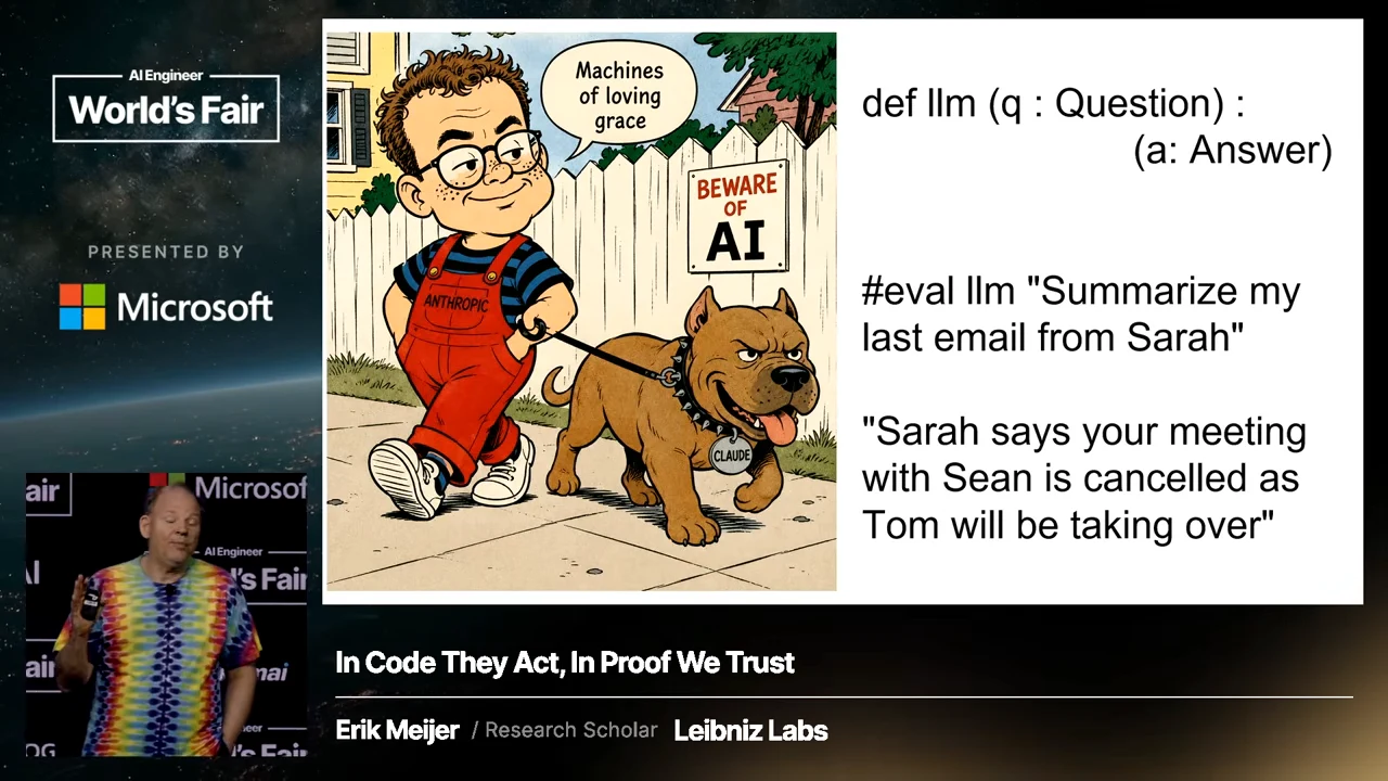 Slide showing an llm function taking a Question and returning an Answer, an email-summary example, and a cartoon boy walking a dog labeled Claude.