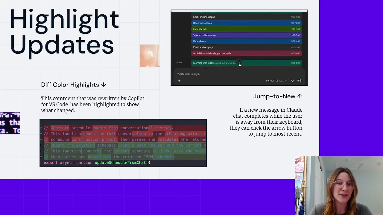 “Highlight Updates” slide with red and green code highlights on the left and a chat screenshot above a “Jump-to-New” explanation on the right.