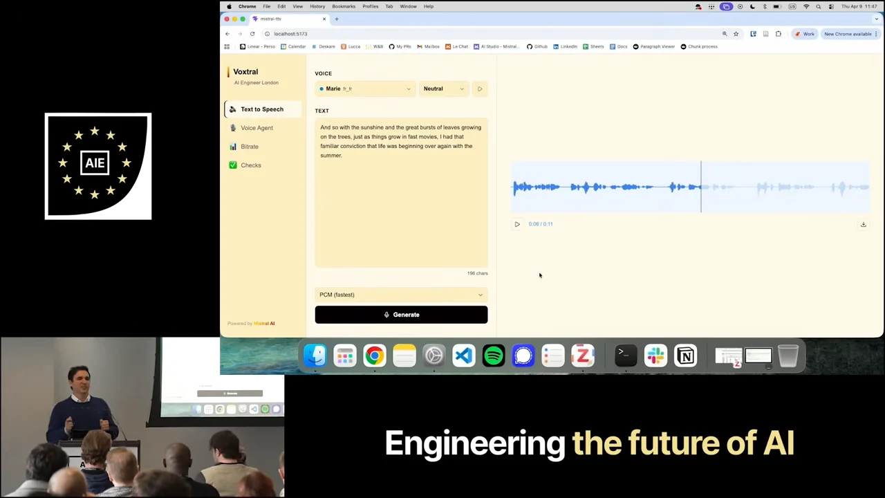 Demo interface showing Marie in the voice selector, English text, a completed waveform, playback controls, and a Generate button.