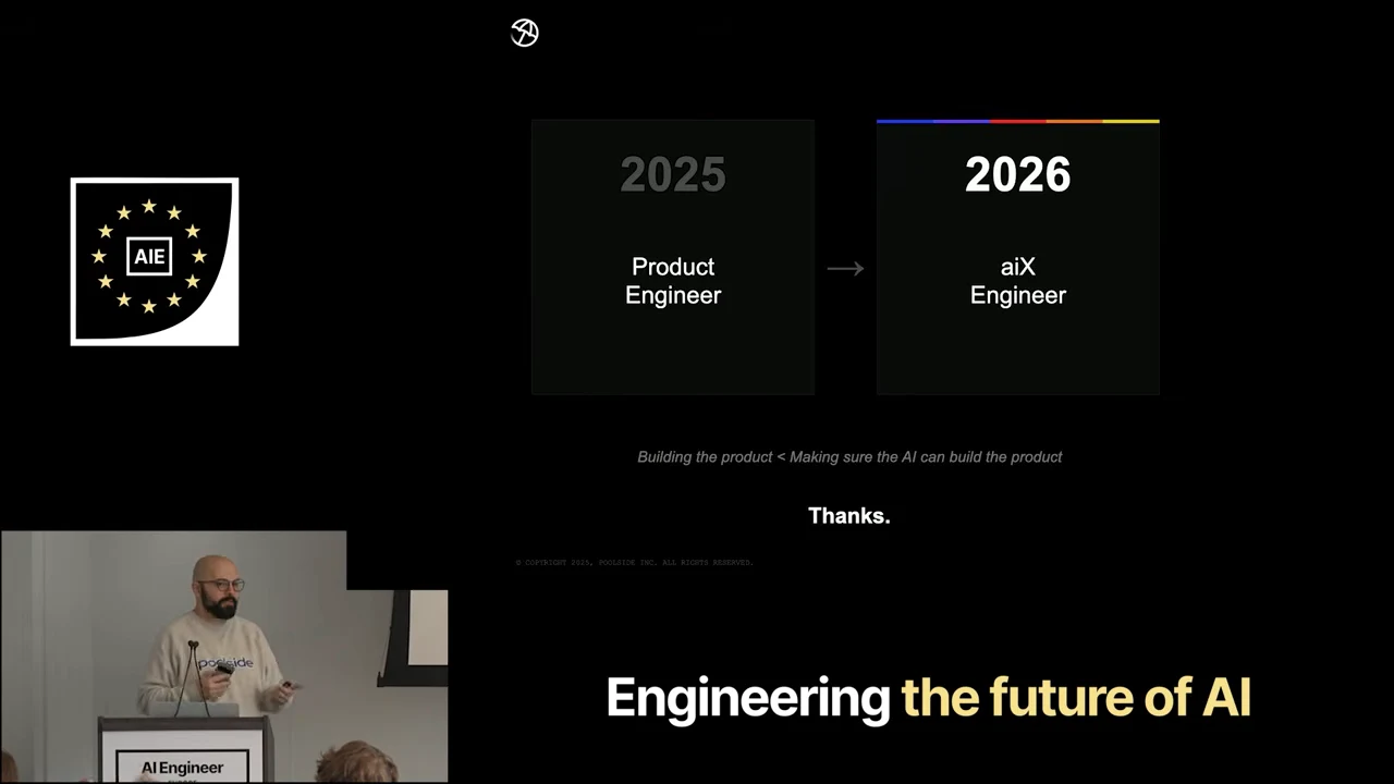 An arrow connects a 2025 Product Engineer box to a 2026 aiX Engineer box, above a line about building the product and making sure AI can build it.