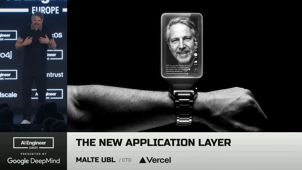 Black-and-white image of an arm wearing a large rectangular screen showing a man's face and social-video controls.