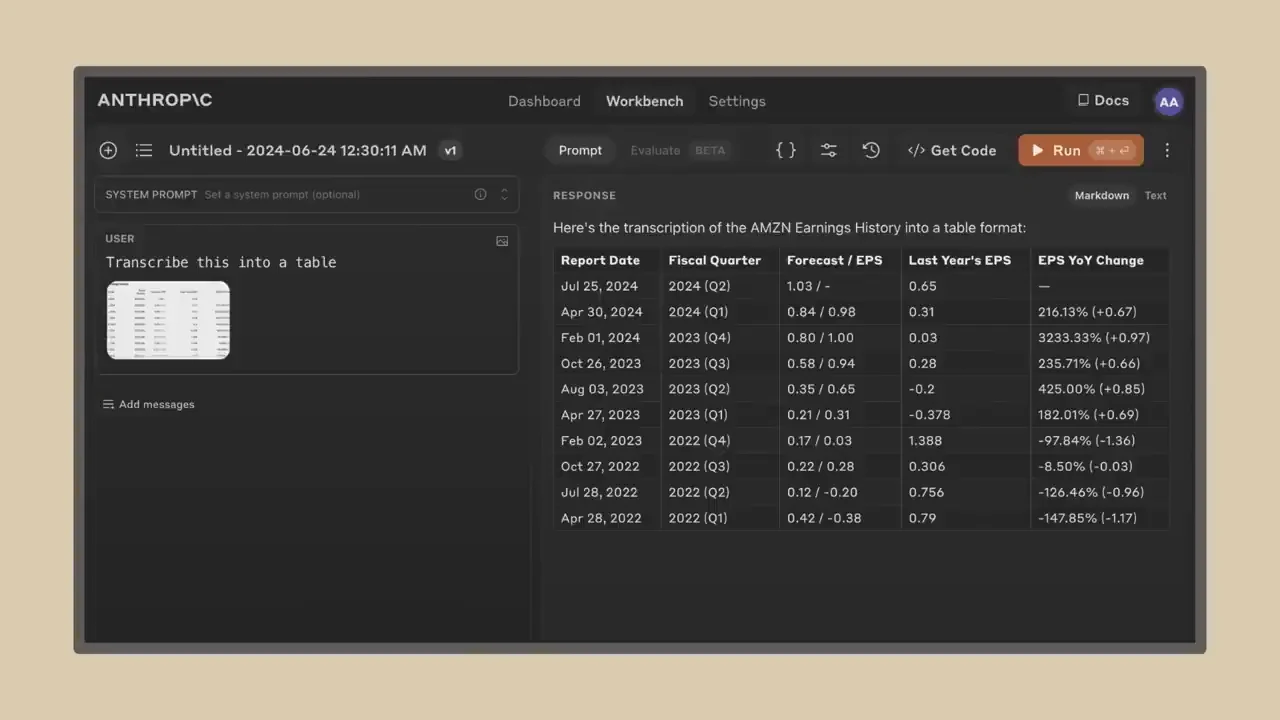 Workbench interface with an uploaded table and the prompt “Transcribe this into a table” on the left, and an earnings-history table on the right.