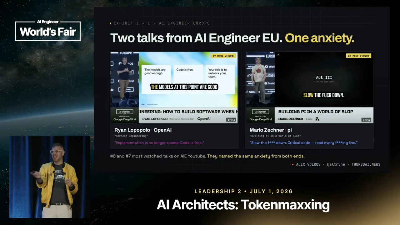 Slide juxtaposing Ryan Lopopolo and Mario Zechner talk thumbnails beneath “Two talks from AI Engineer EU. One anxiety.”