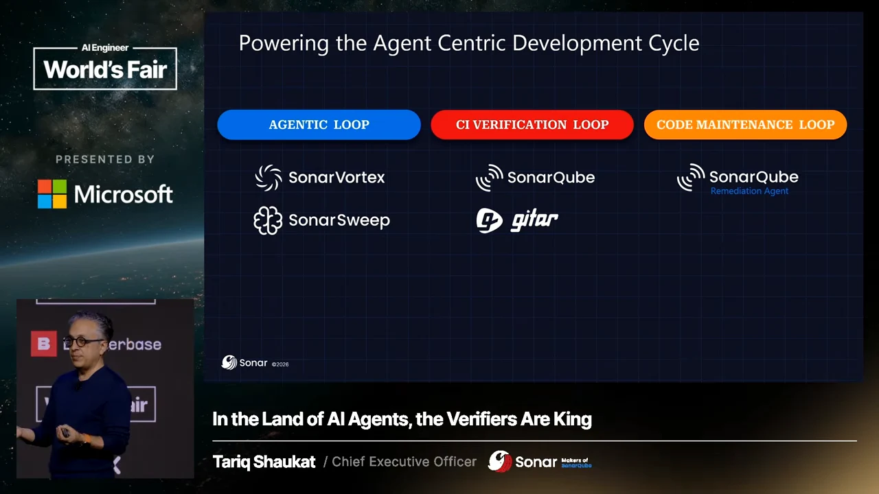 Slide titled Powering the Agent Centric Development Cycle, with three columns mapping SonarVortex and SonarSweep to the agentic loop, SonarQube and gitkr to CI verification, and SonarQube Remediation Agent to code maintenance.