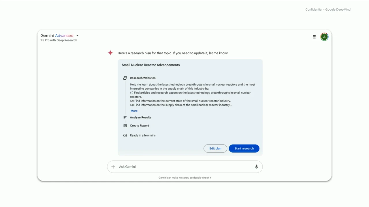 Gemini displays a “Small Nuclear Reactor Advancements” plan with Research Websites, Analyze Results, Create Report, and “Edit plan” and “Start research” buttons.