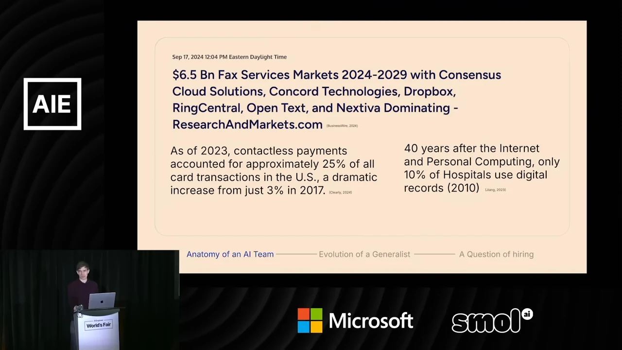 Slide combining a $6.5 billion fax-services market headline with text about U.S. contactless card transactions and hospitals using digital records.