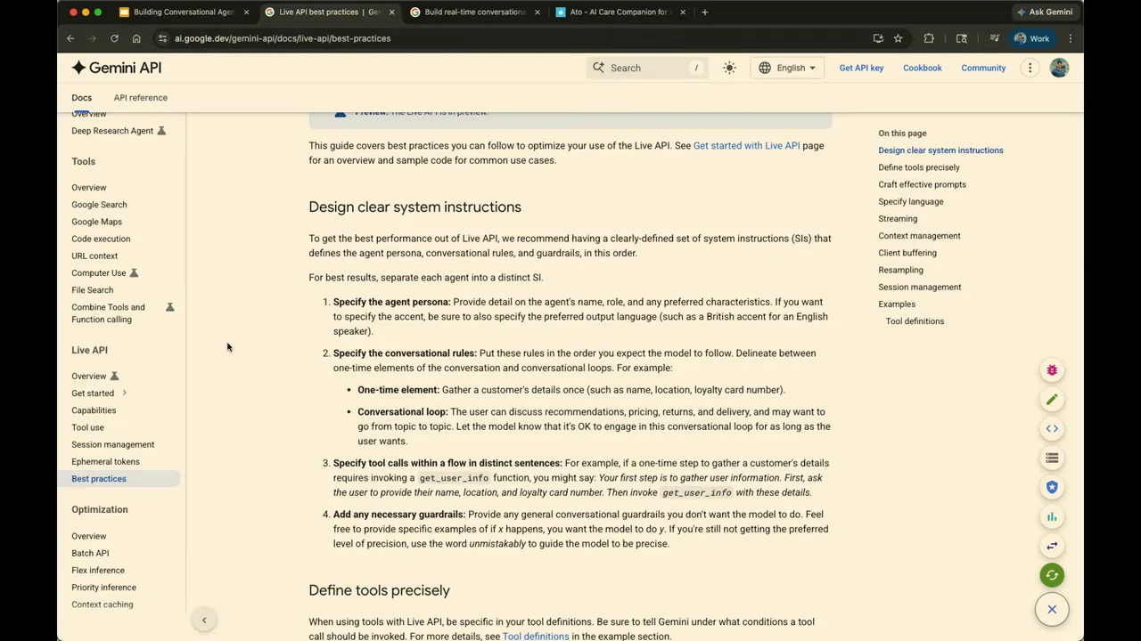 Gemini API documentation lists guidance on agent persona, conversational rules, tool calls, and examples under Design clear system instructions.