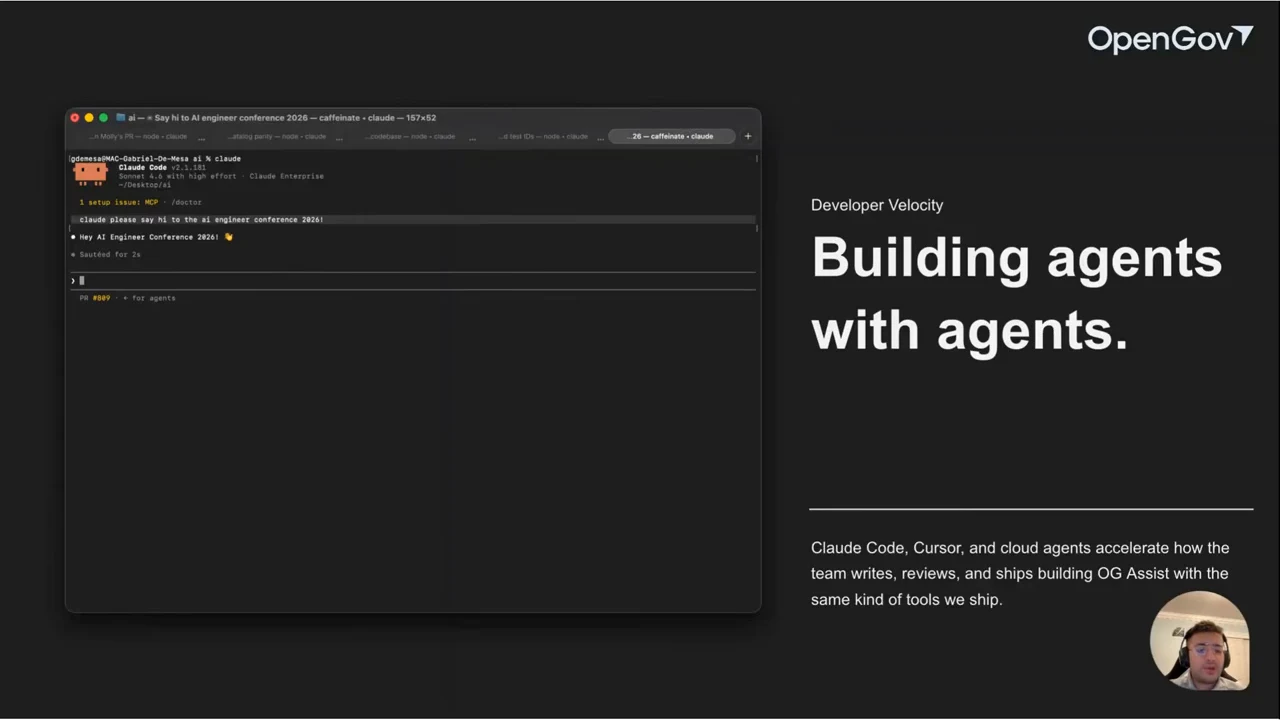 Terminal screenshot beside Building agents with agents, with text naming Claude Code, Cursor and cloud agents for writing, reviewing and shipping.