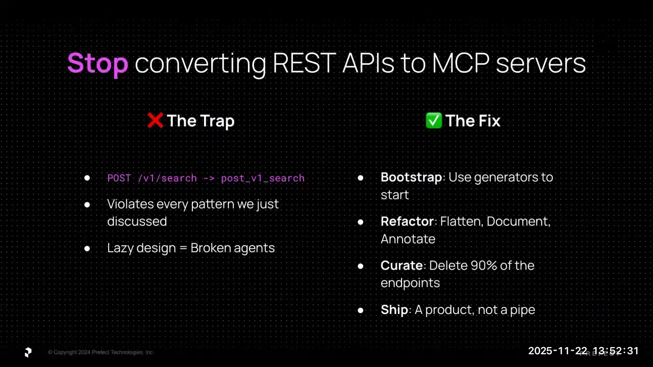 “Stop converting REST APIs to MCP servers” slide contrasting automatic endpoint conversion with bootstrapping, refactoring, curating endpoints, and shipping a product.