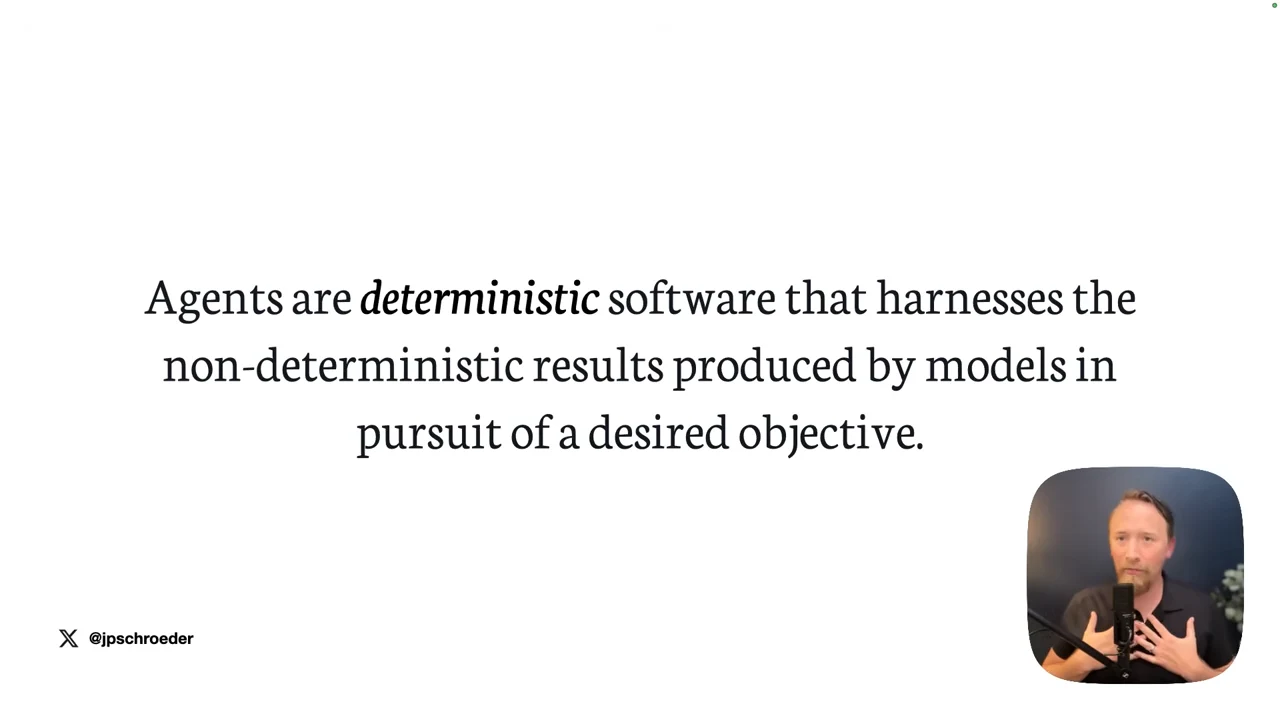 Slide defining agents as deterministic software that harnesses non-deterministic model results in pursuit of a desired objective.