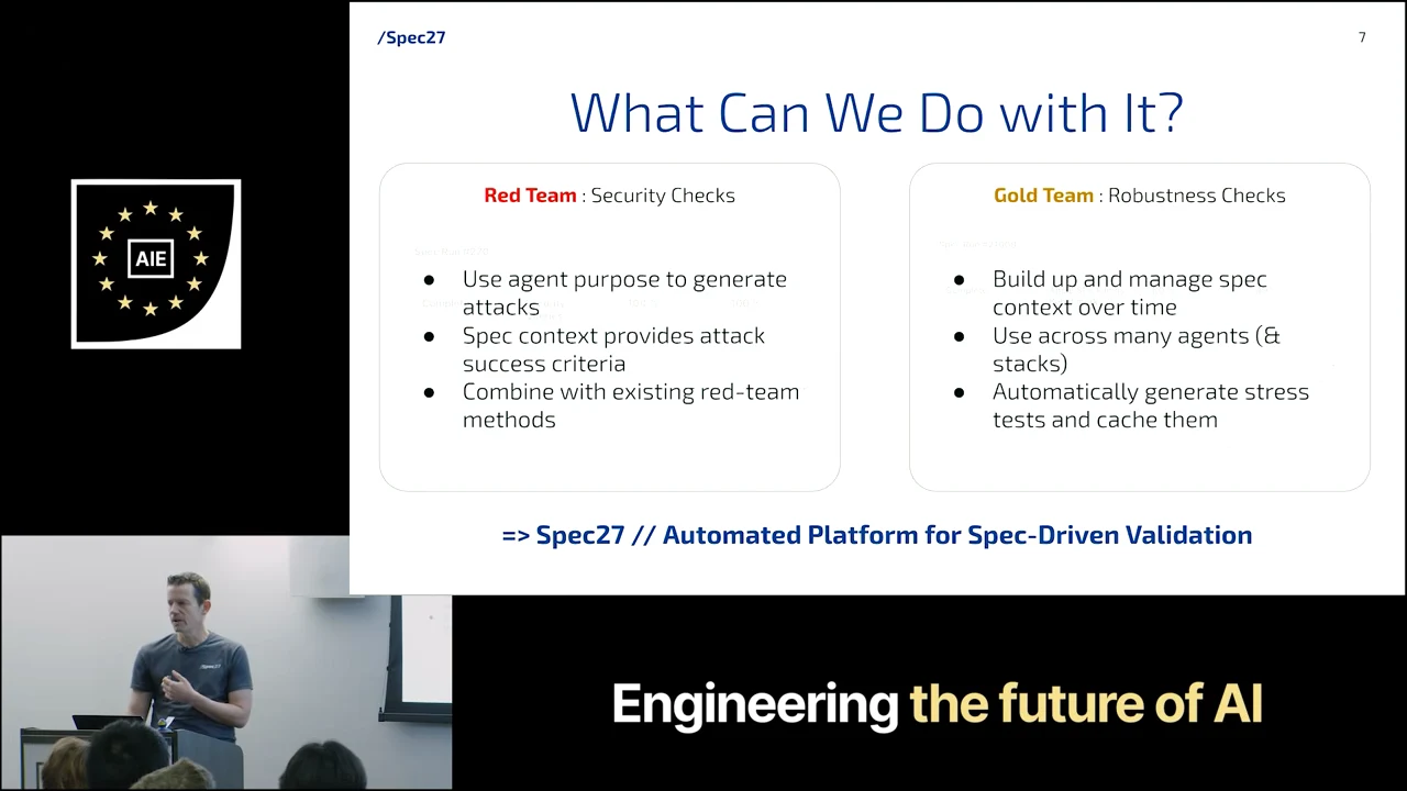 “What Can We Do with It?” slide compares Red Team security checks with Gold Team robustness checks, including attack generation, success criteria, managed specification context, and cached stress tests.