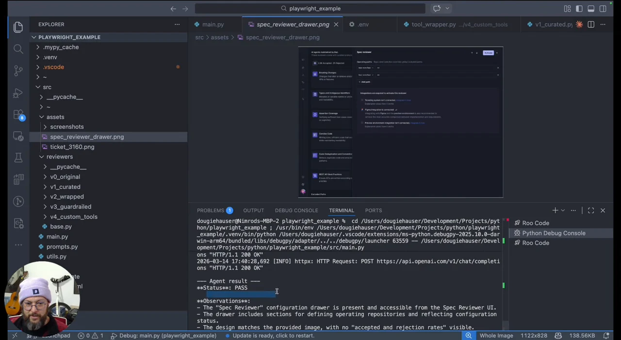 VS Code displaying a drawer image above terminal output labeled Agent result and Status: PASS.
