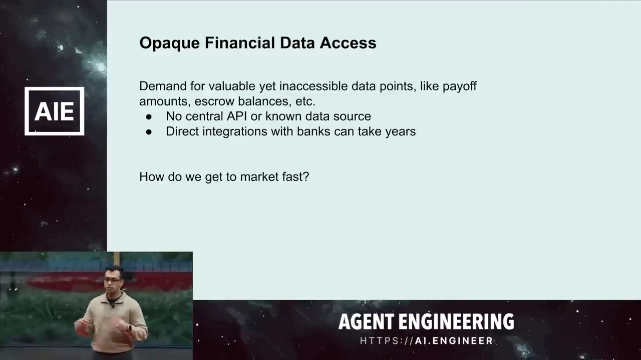 Slide titled “Opaque Financial Data Access” mentions payoff amounts and escrow balances, lists missing central access and lengthy bank integrations, and asks “How do we go to market fast?”