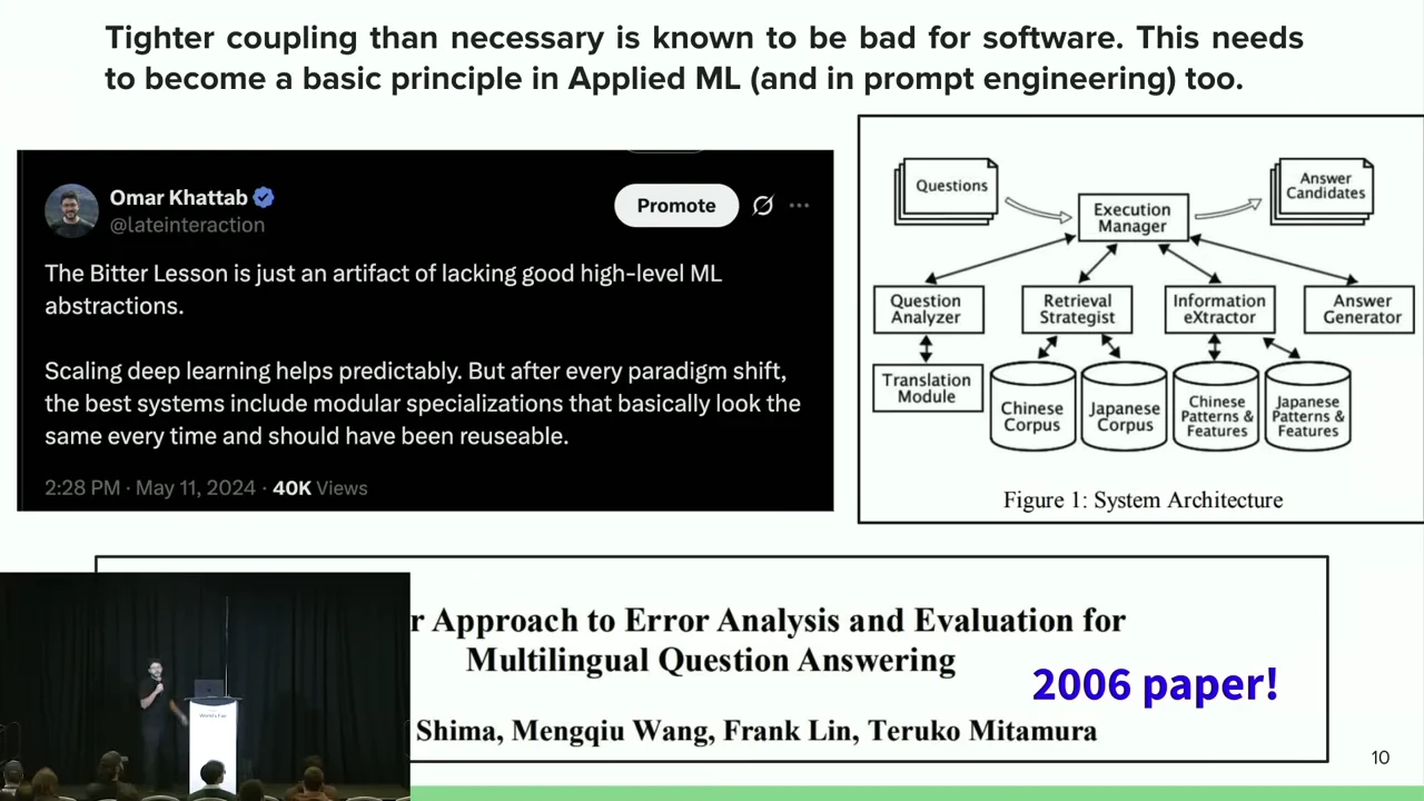 Slide warning against unnecessary coupling, with Omar Khattab’s tweet, a paper excerpt marked “2006 paper!”, and an architecture diagram connecting an execution manager to question analysis, retrieval, extraction, answer generation, and corpora.