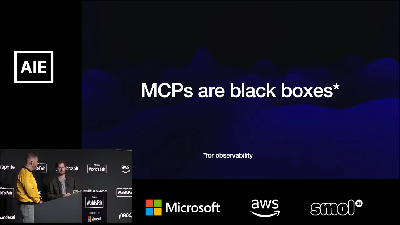 Slide reading “MCPs are black boxes*” with the footnote “*for observability” over a dark blue background.