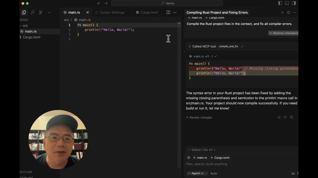 Cursor editor shows main.rs beside a completed compile_and_fix tool call, a red-and-green code diff, and an explanation of the syntax repair.