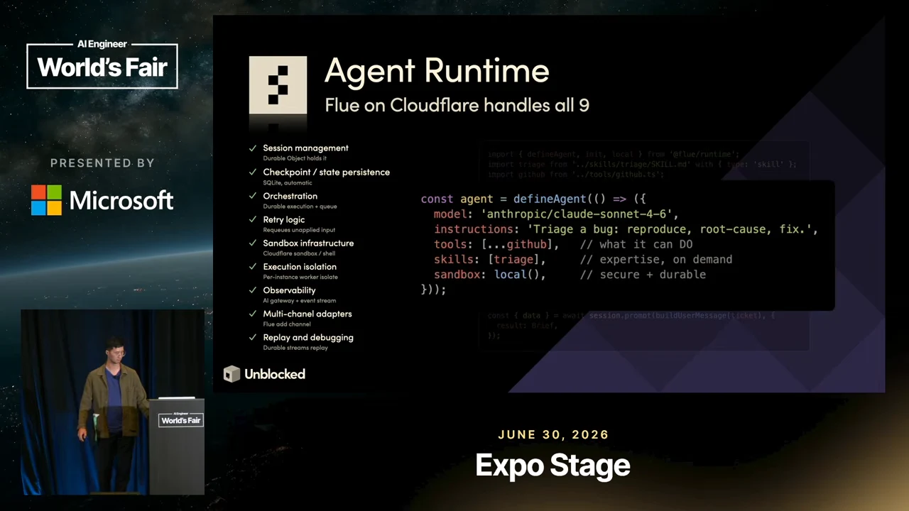 Agent Runtime slide with nine checked infrastructure responsibilities and an enlarged code excerpt showing model, instructions, tools, skills, and sandbox configuration.
