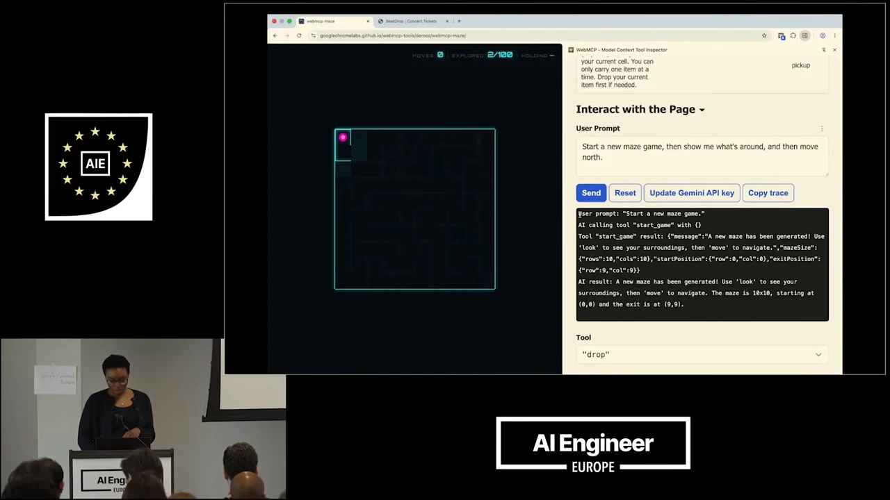 A dark maze with a bright player marker appears beside a user prompt and tool execution log in the browser side panel.