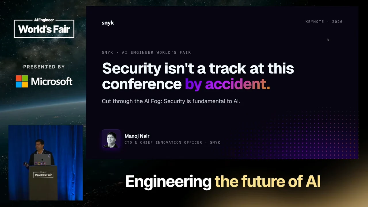 Manoj Nair's opening slide states that security is fundamental to AI, with the speaker visible in an inset.