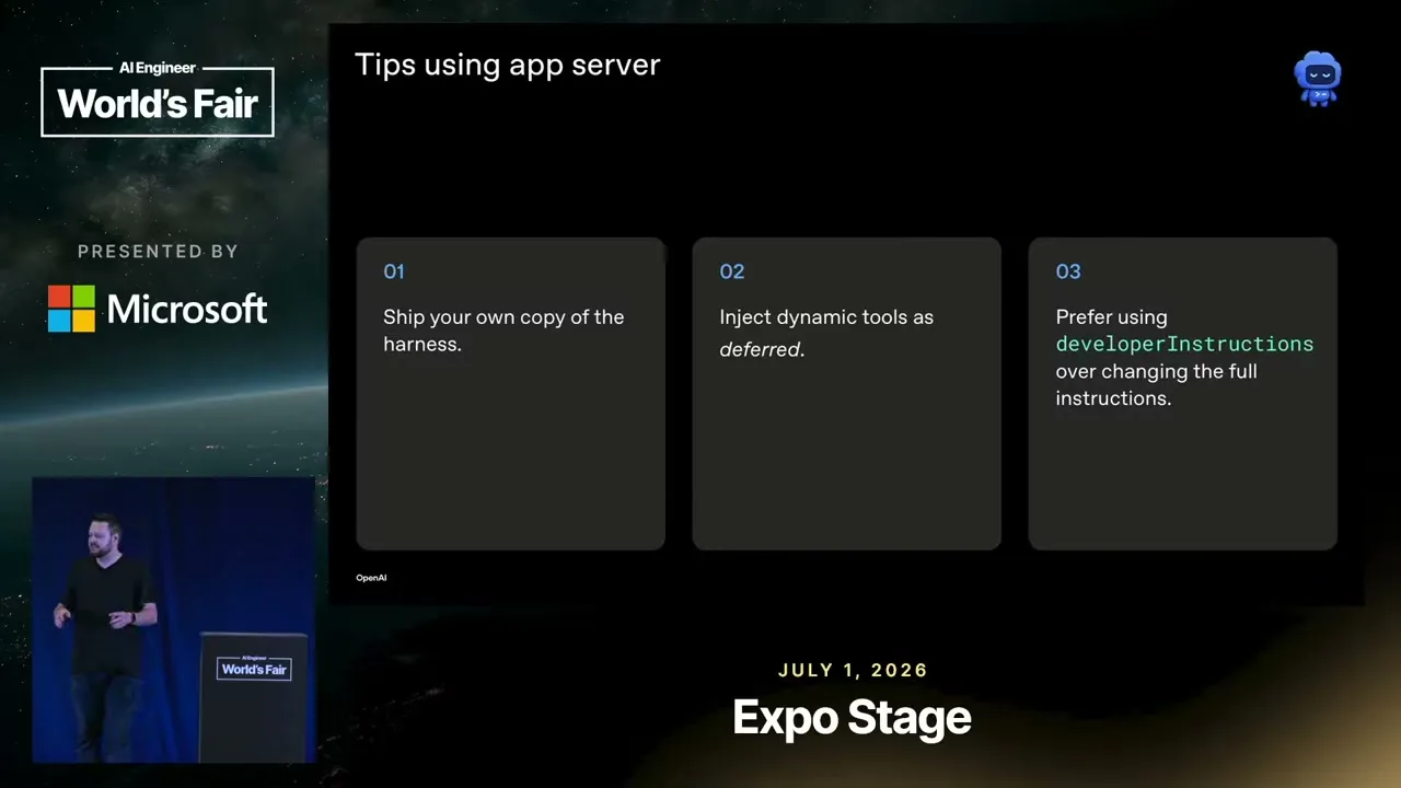 A “Tips using app server” slide presents three cards.