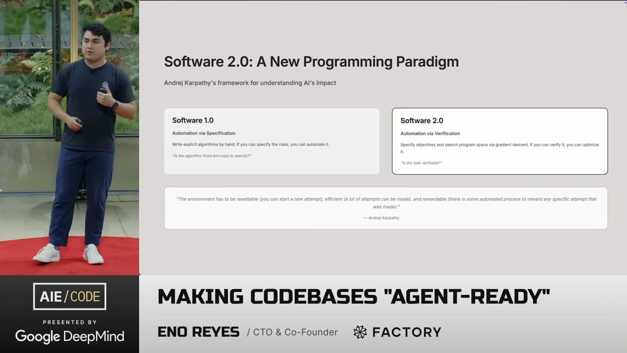 Slide titled “Software 2.0: A New Programming Paradigm” with two comparison boxes and an Andrej Karpathy quotation beneath them.