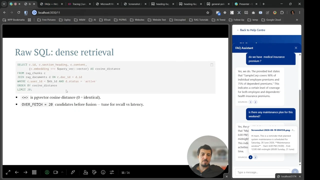 “Raw SQL: dense retrieval” slide showing a SQL query and notes about cosine distance and fetching 20 candidates before fusion.