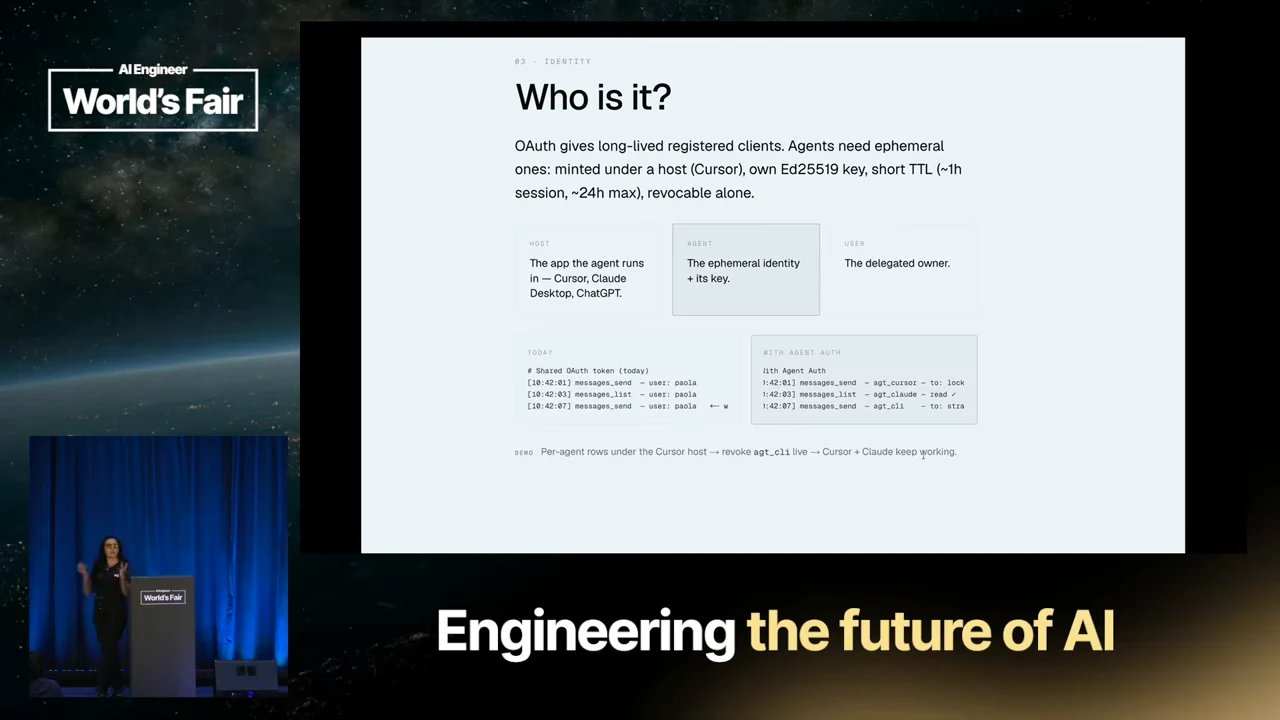 Slide titled “Who is it?” with Host, Agent, and User boxes above contrasting audit-log examples.
