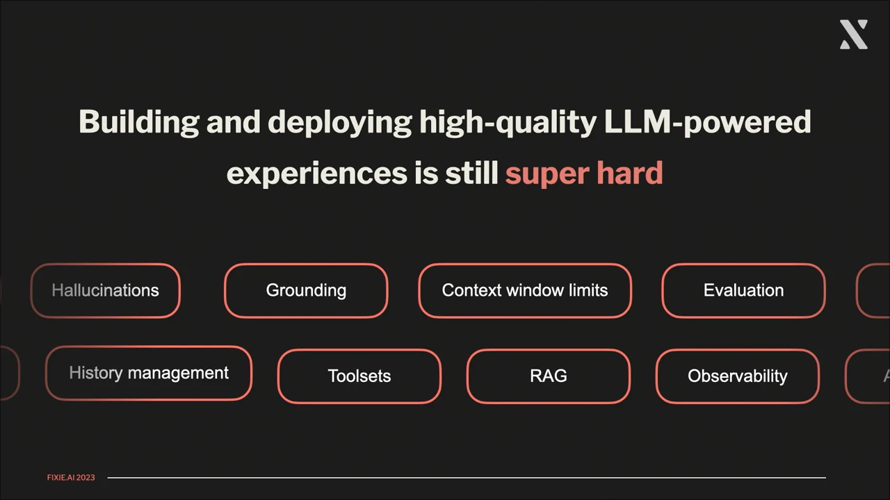 Slide stating that building and deploying high-quality LLM-powered experiences is still super hard, above two rows of challenge labels.