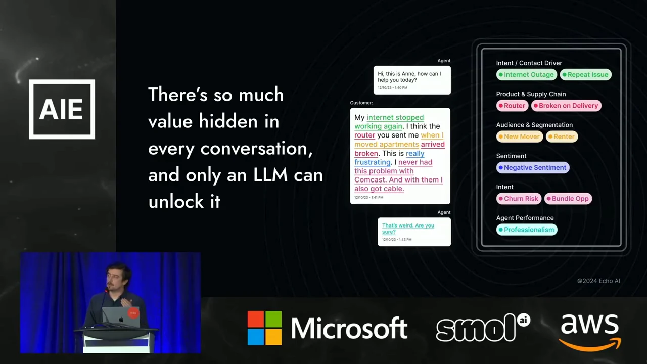 Highlighted customer chat beside colored tags for contact drivers, product and supply chain, audience, sentiment, intent, and agent performance.