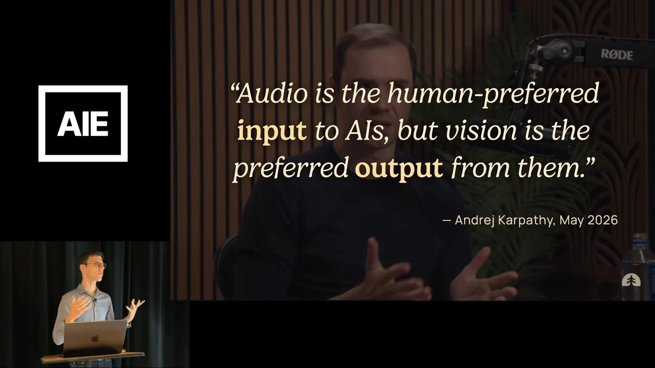 Complete quotation attributed to Andrej Karpathy over a podcast image: “Audio is the human-preferred input to AIs, but vision is the preferred output from them.”