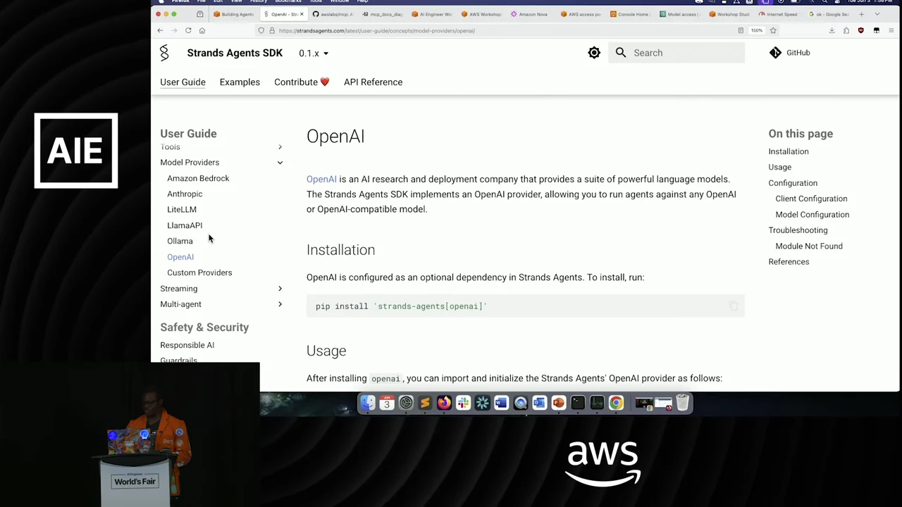 Strands Agents SDK documentation open to OpenAI, with installation instructions and a sidebar listing several model providers.