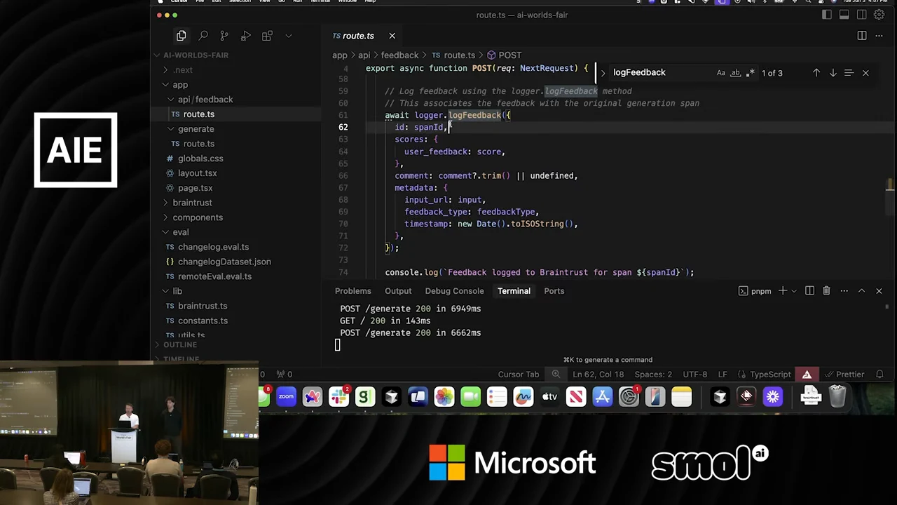 Code editor displays a logger.logFeedback call containing an id, user_feedback score, comment, and metadata fields, with a terminal below.