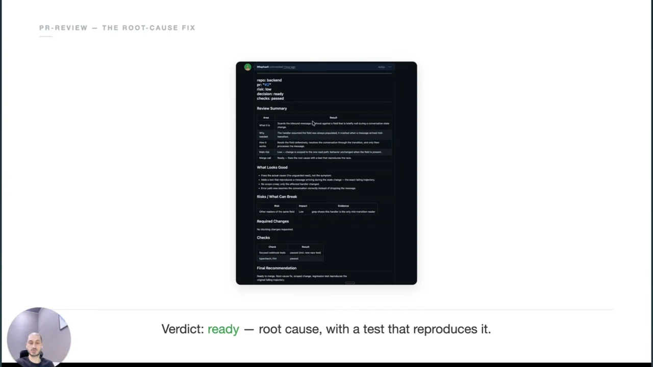 Slide headed “PR-review — the root-cause fix” shows a dark review report and a footer reading “Verdict: ready — root cause, with a test that reproduces it.”
