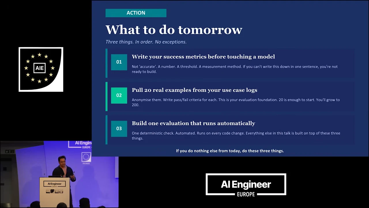 “What to do tomorrow” slide listing success metrics, 20 real examples from use-case logs and one automatically running evaluation.