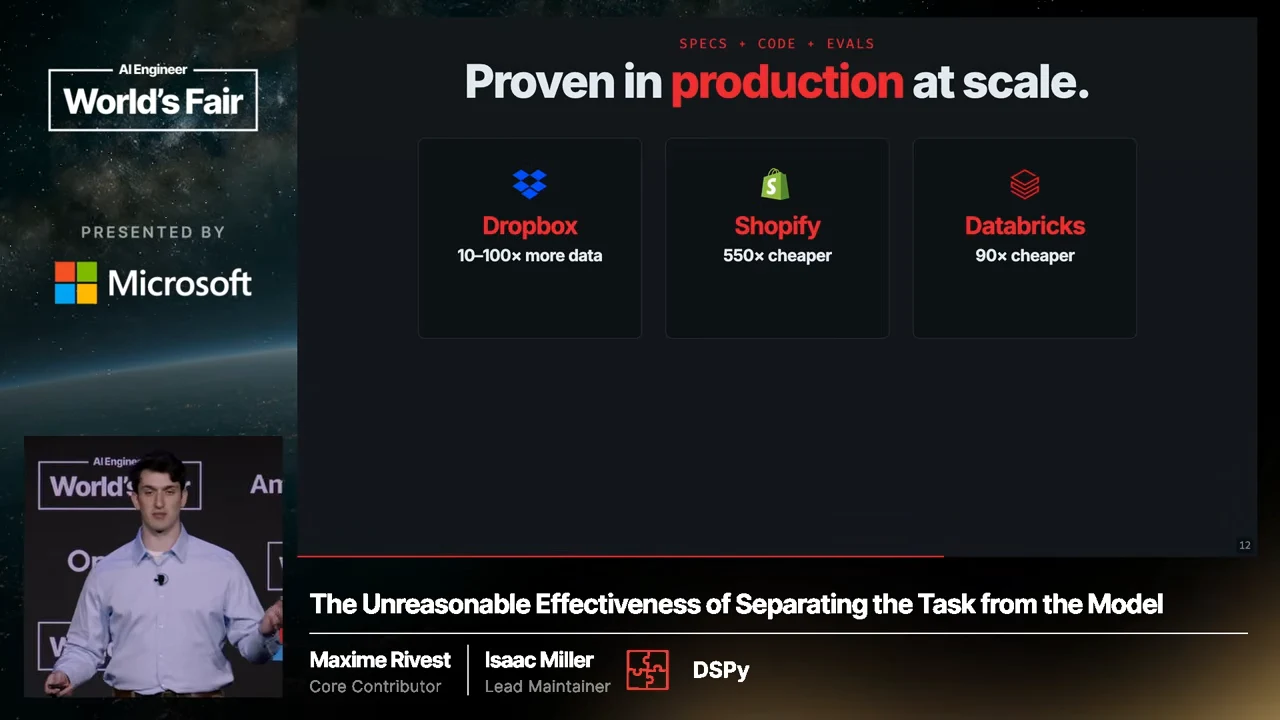 “Proven in production at scale” above cards reading Dropbox: 10–100× more data; Shopify: 550× cheaper; Databricks: 90× cheaper.