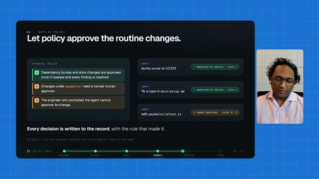 The policy routes routine dependency and documentation changes to automatic approval, while payments changes and author self-approval trigger named-approver review.