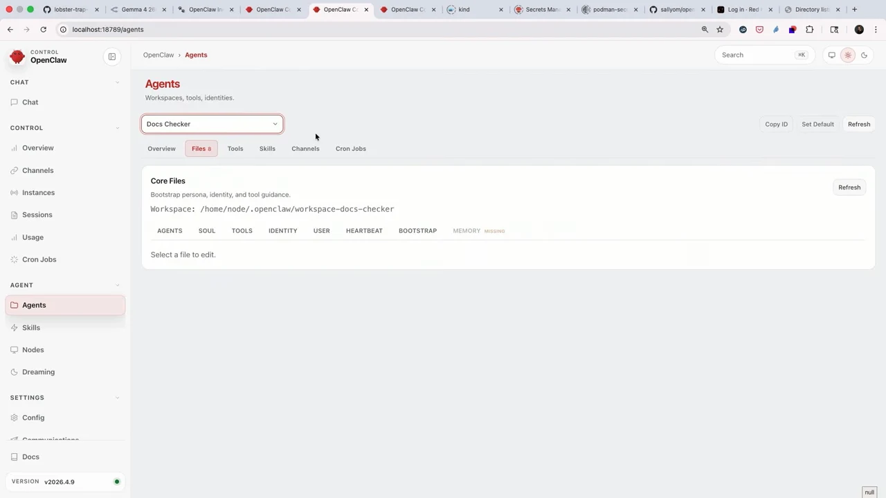 OpenClaw Agents page with Docs Checker selected and the Files tab showing workspace information and core file names.