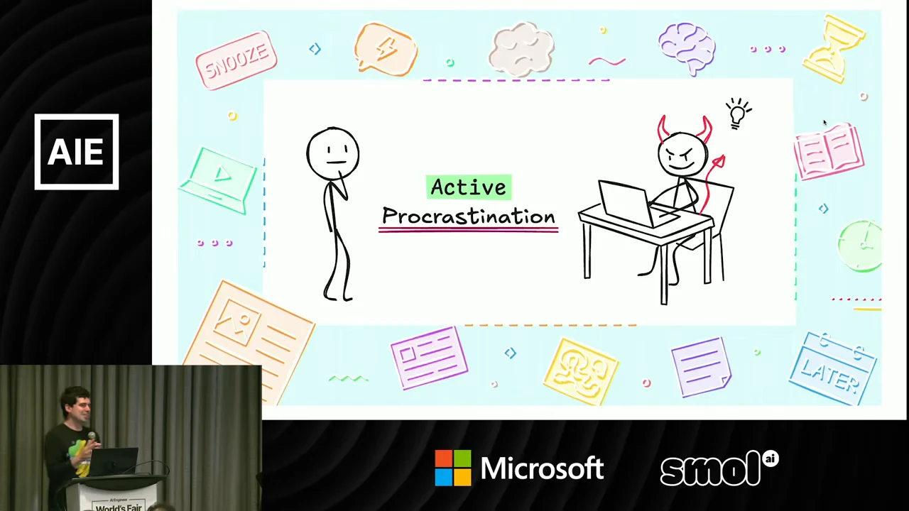 Slide labeled “Active Procrastination,” with a standing stick figure facing a horned figure seated at a laptop.