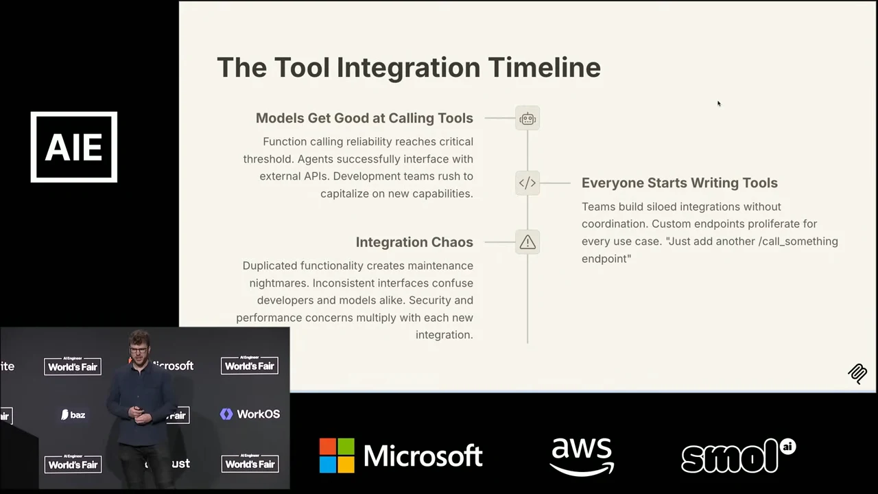 Slide titled “The Tool Integration Timeline” connects models getting good at calling tools, everyone writing tools, and integration chaos.