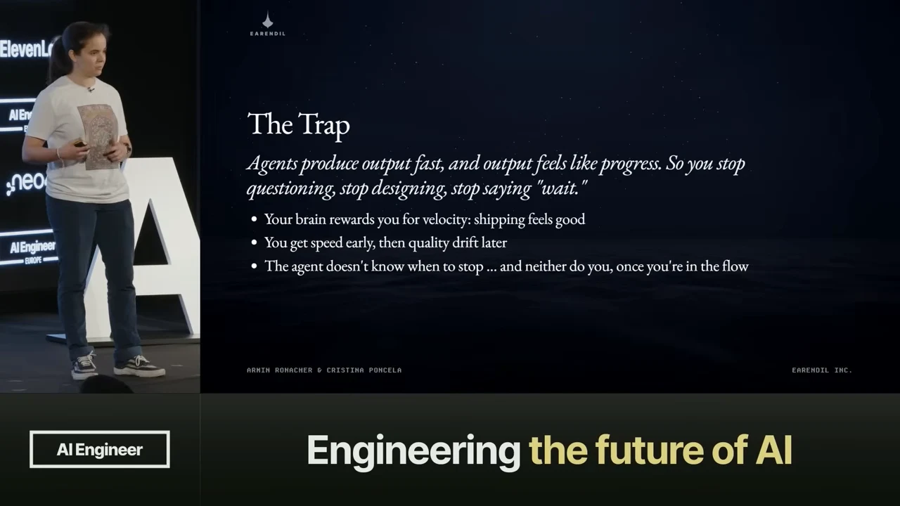 The Trap slide says agents produce output fast and lists the reward of shipping, later quality drift, and difficulty stopping once in the flow.
