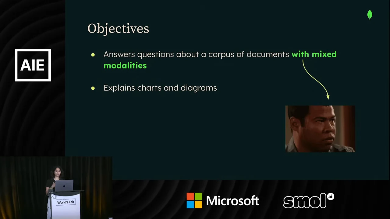 Objectives slide with two bullets, green emphasis on mixed modalities, and an arrow pointing to a reaction image.
