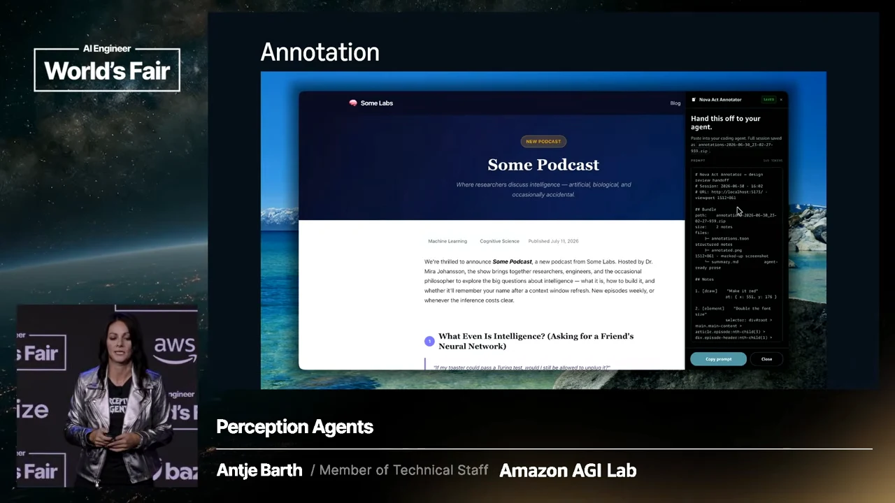 Annotation slide showing the Some Podcast webpage and a populated sidebar headed “Hand this off to your agent.”