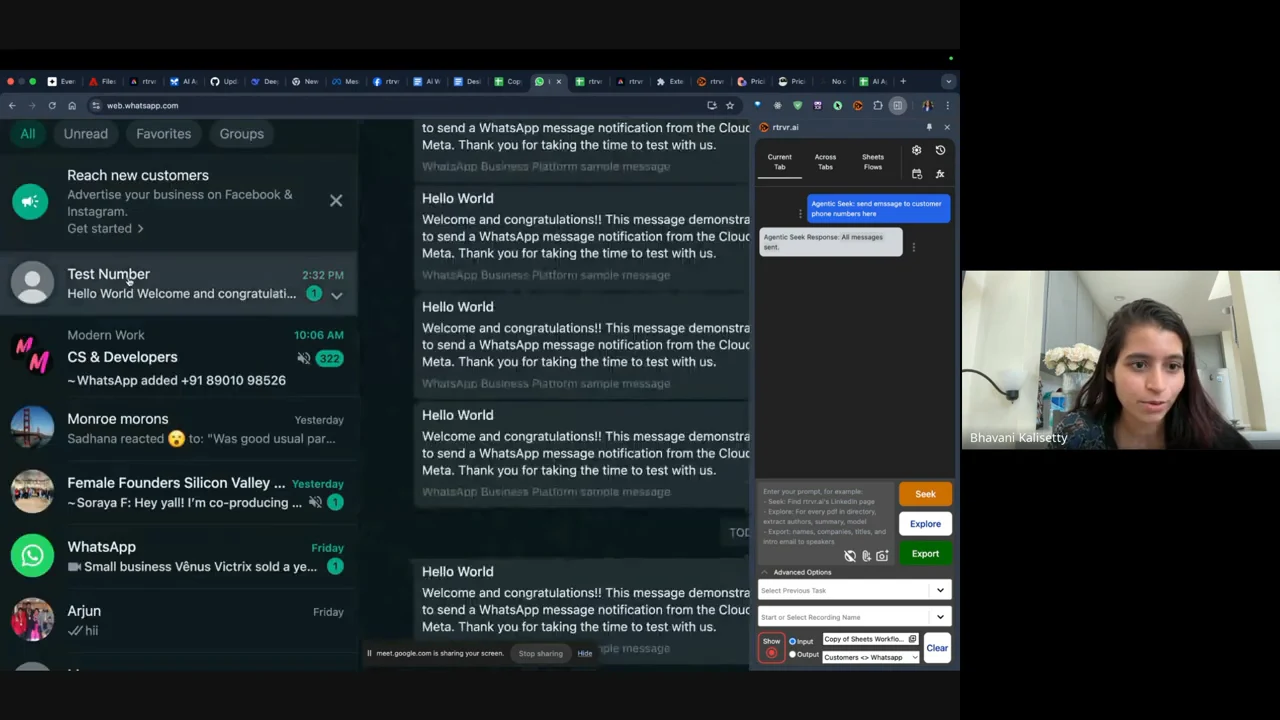 WhatsApp Web shows the Test Number conversation with repeated “Hello World” messages; the rtrvr.ai sidebar displays “All messages sent.”