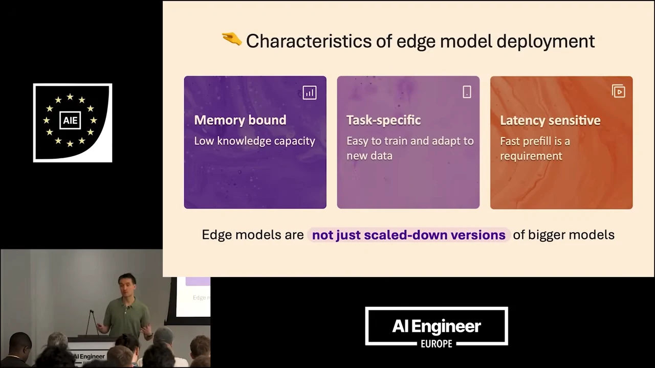 Three cards describe low knowledge capacity, easy training and adaptation to new data, and fast prefill requirements. Below, the slide states that edge models are not just scaled-down versions of bigger models.