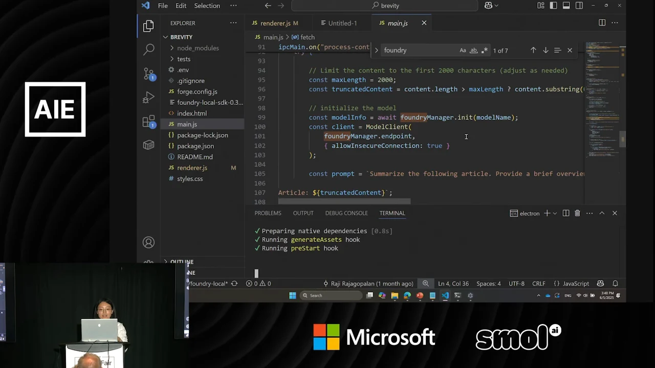 VS Code displays model initialization, client creation, and the beginning of a summarization prompt in the Brevity project.