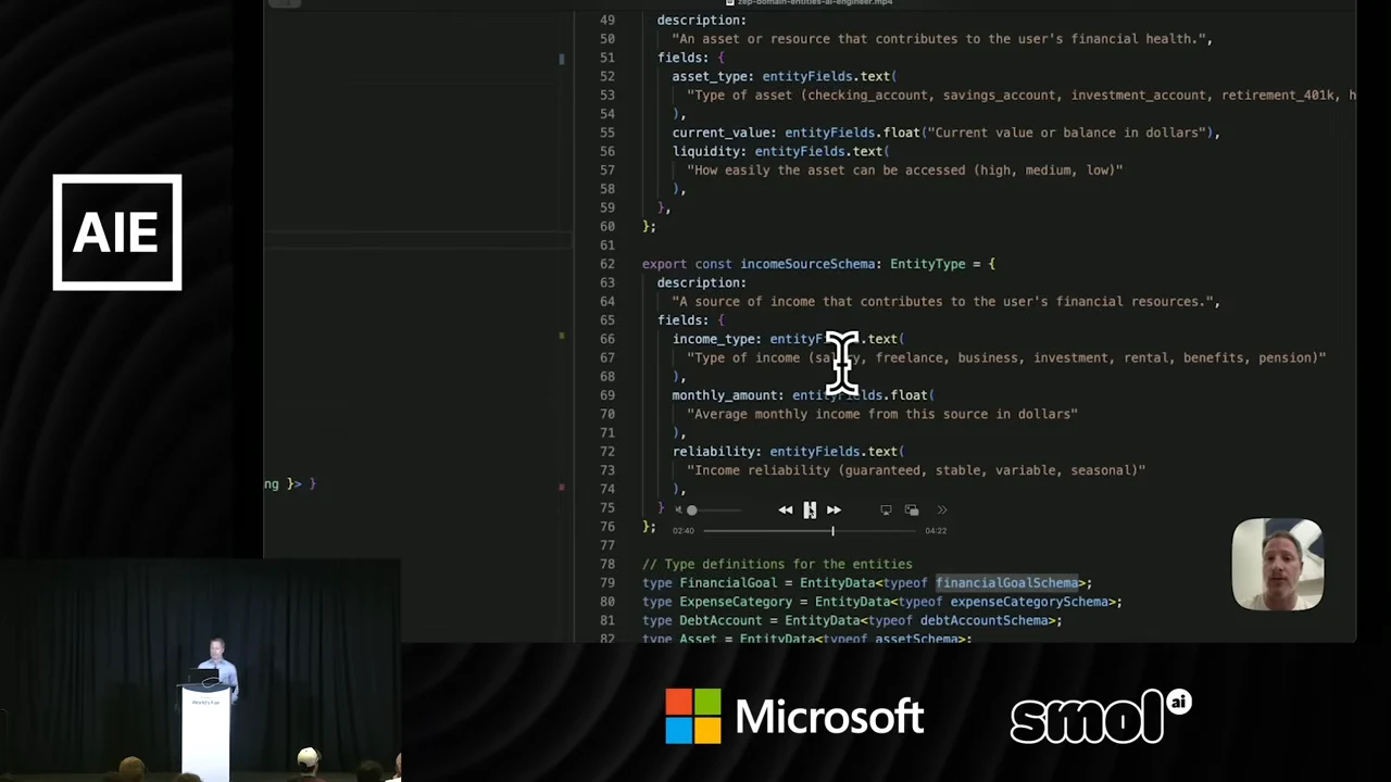 Code editor showing asset fields and an income-source schema with descriptions for income type, monthly amount and reliability.