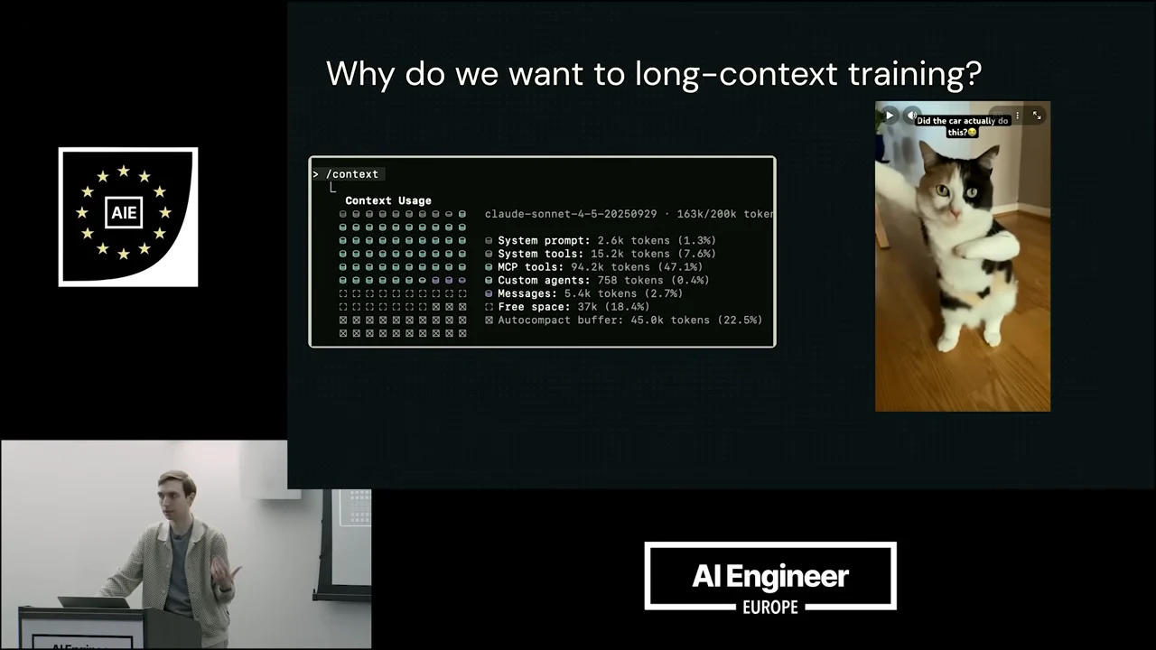 Slide asking why long-context training is wanted, with a terminal context-usage grid on the left and a cat image on the right.