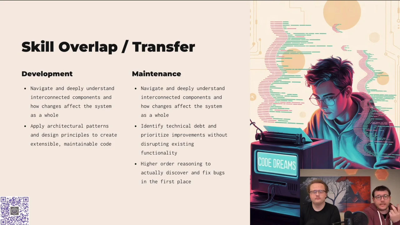 “Skill Overlap / Transfer” slide compares development and maintenance, including architectural understanding, technical debt, and reasoning to discover bugs, beside a programmer illustration.